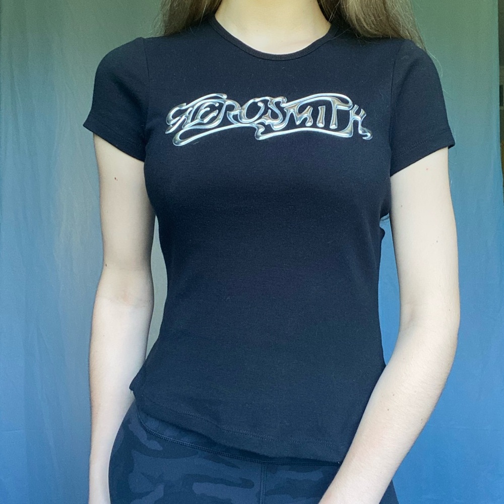 Vintage Rare 90’s Kavio! Black Cotton Classic Aerosmith Bubble Letters Baby Tee